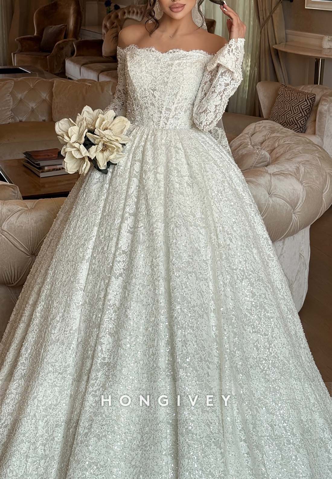 Lace Off the Shoulder Princess Long Sleeves Court Train Wedding Dresse Lace Off the Shoulder Princess Long Sleeves Court Train Wedding Dresse