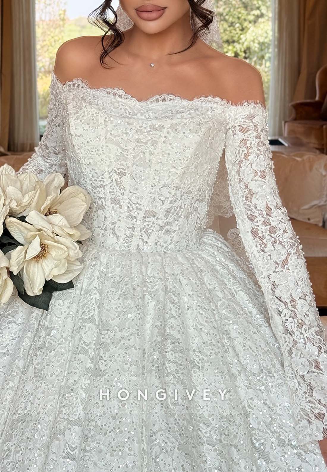 Lace Off the Shoulder Princess Long Sleeves Court Train Wedding Dresses