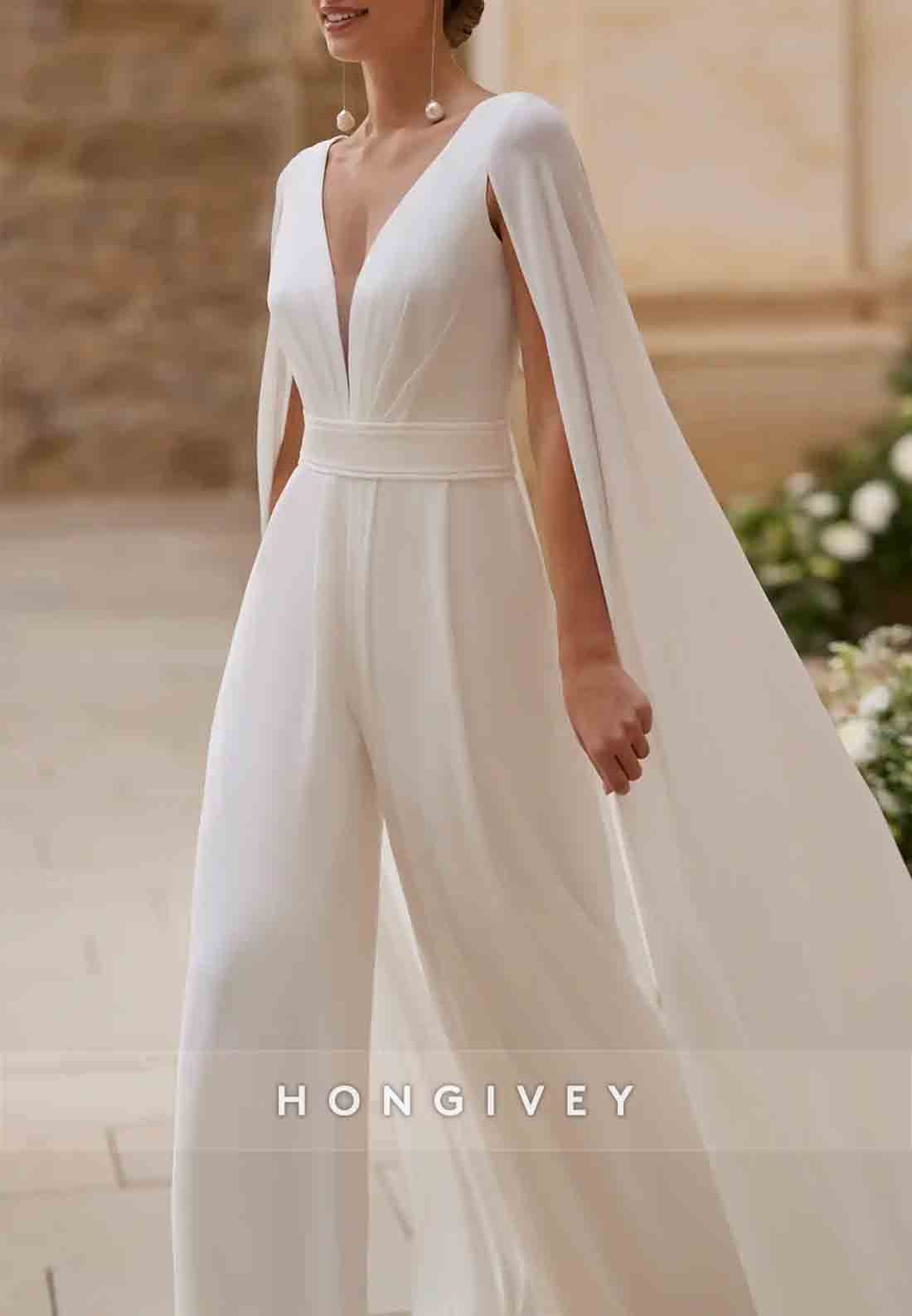 V Back Jumpsuit V-Neck Cloak Sleeveless Pleated Wedding Dresses
