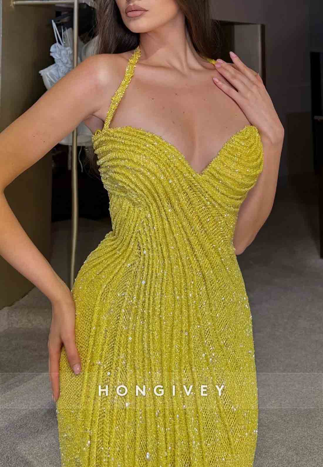 Elegant Glitter Halter Sleeveless Sweetheart Floor-Length Prom Dresses with Ruffles