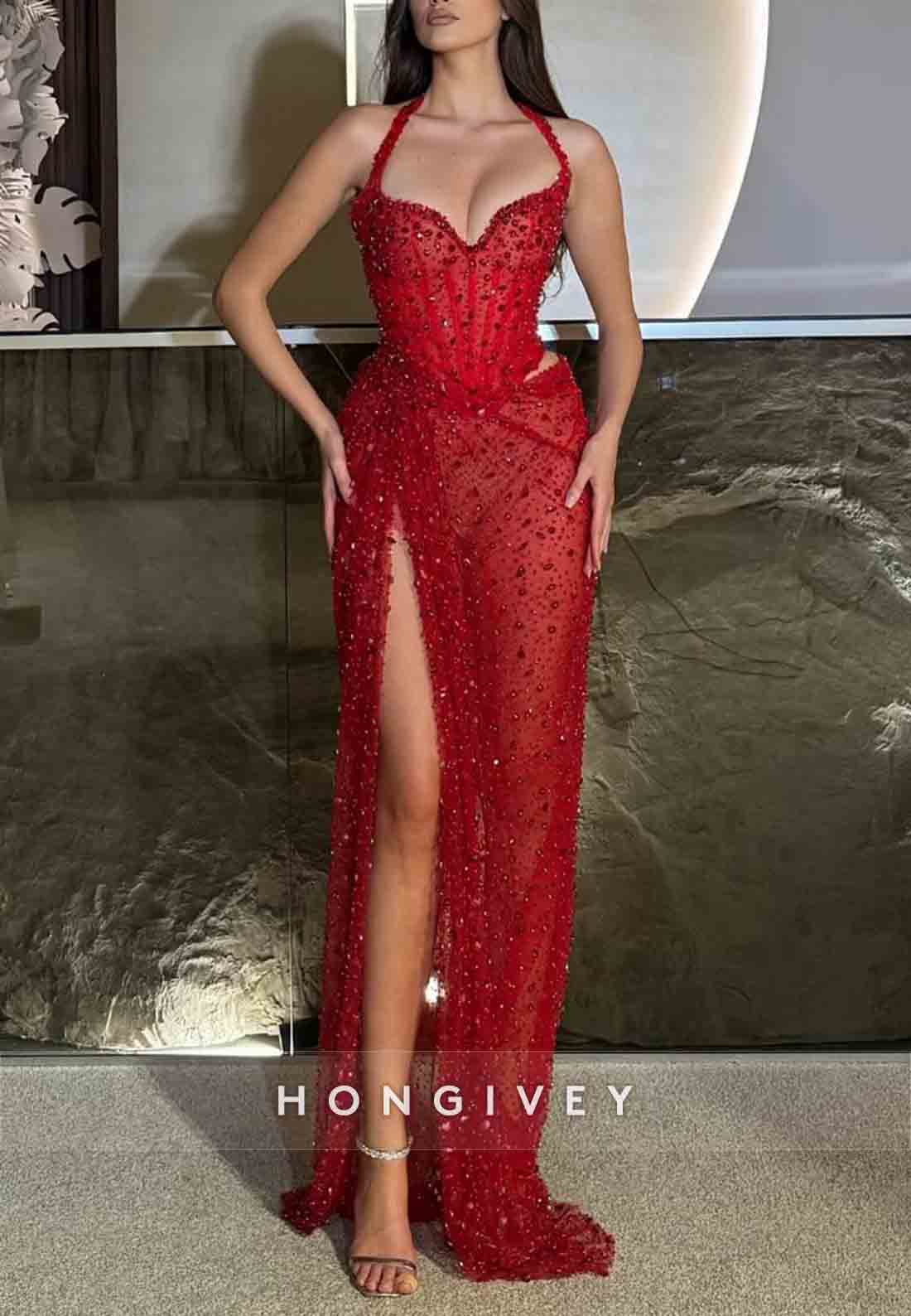 Halter Sleeveless High Slit Pleated Floor-Length Red Prom Dresses with Rhinestone