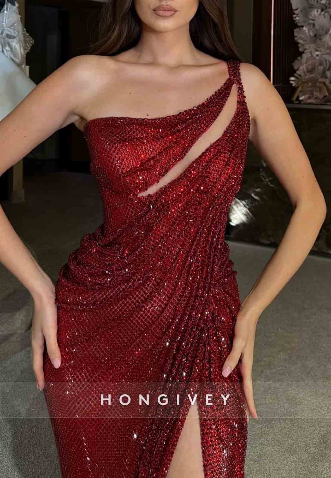 One Shoulder Burgundy Column Floor-Lengh Glitter High Slit Prom Dresses