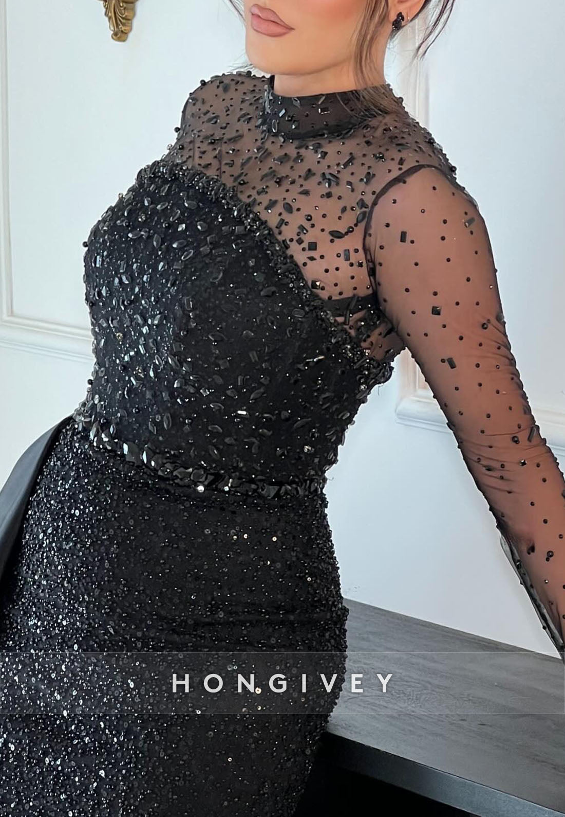 Illusion Neck Long Sleeves Column Side Draping Evening Gowns with Beading