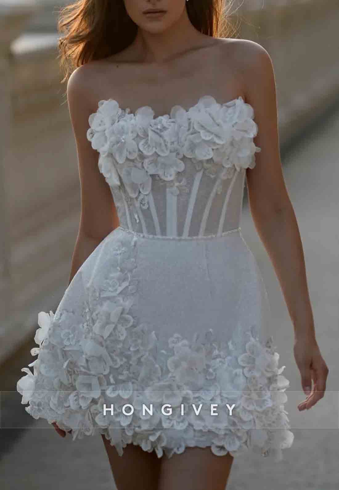 Flowers Crisscross Back A-line Strapless Sleeveless Mini Wedding Dress