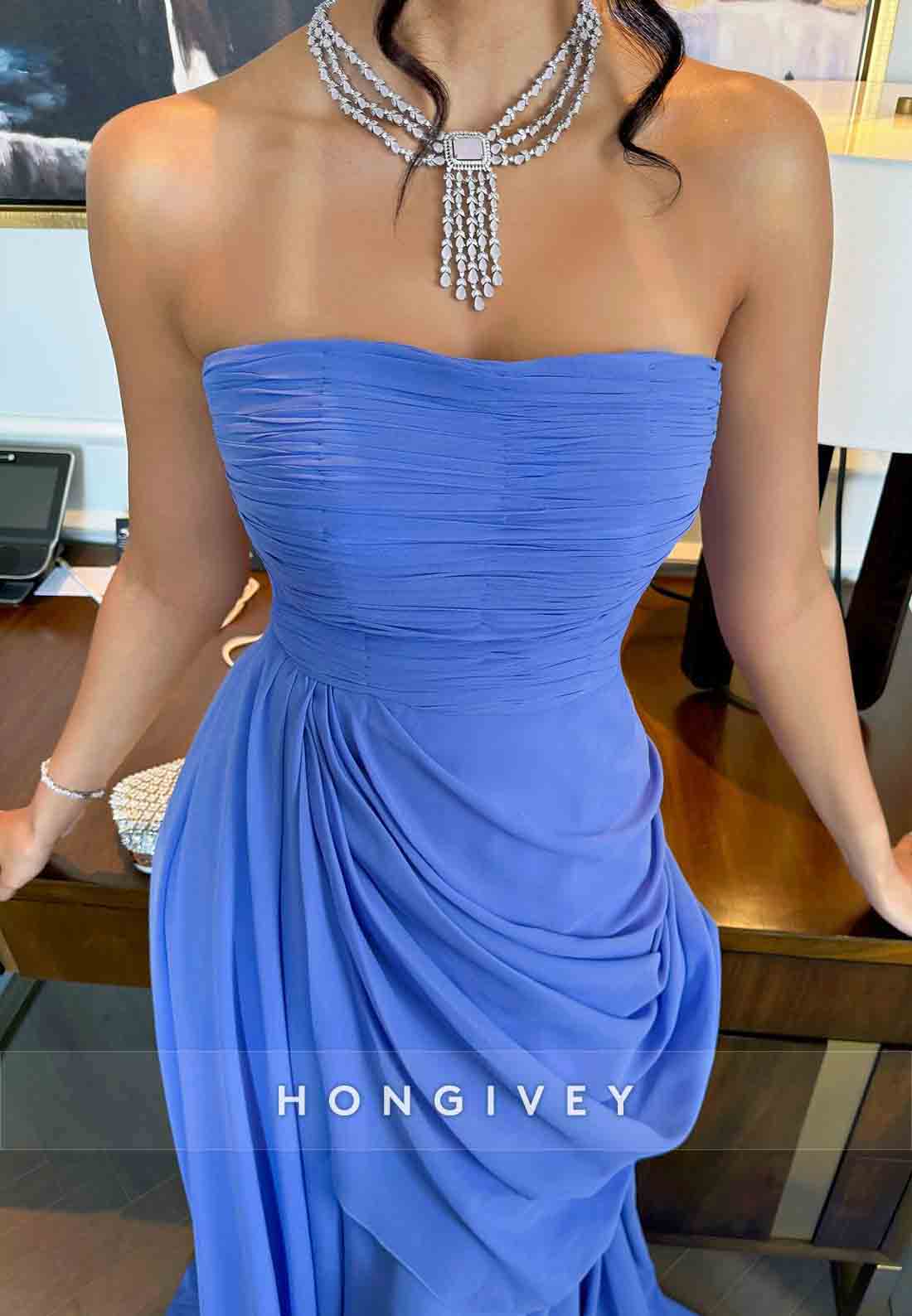 Strapless A-Line Floor-Length Sleeveless Evening Gowns with Ruffles