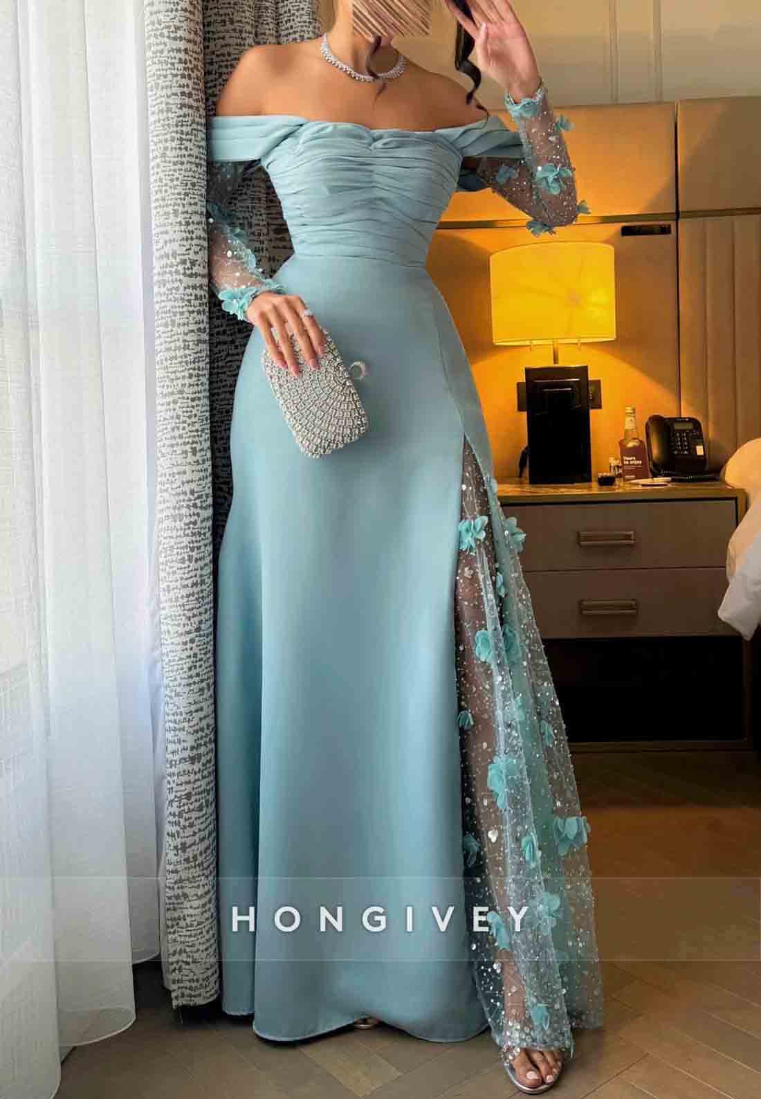 Off the Shoulder Side Slit Long Sleeves Evening Gowns with Appliques and Rhinestone