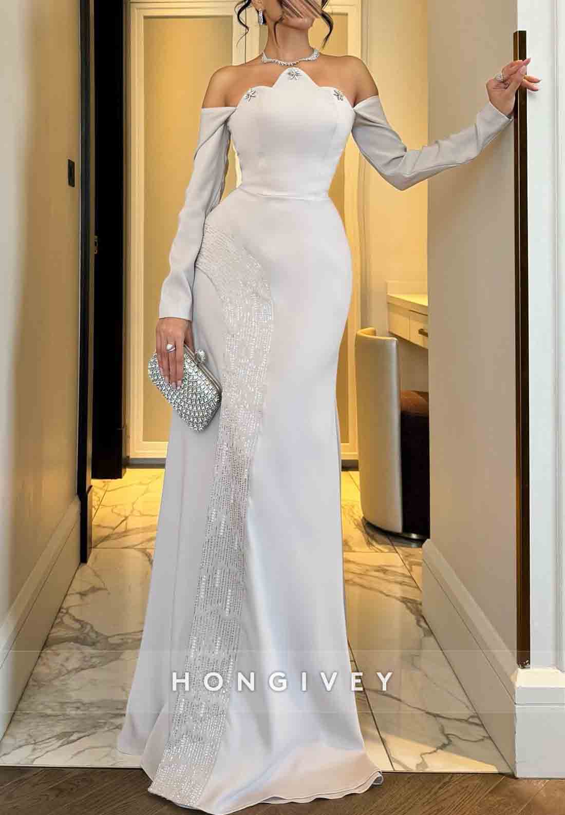 Long Sleeves Off the Shoulder Scalloped Neck Floor-Length Trumpet Evening Gowns