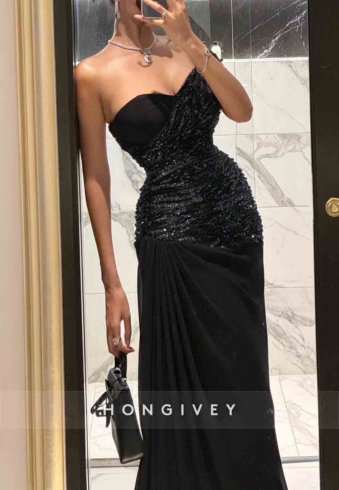 Sequined A-Line Floor-Length Off the Shoulder Pleated Evening Gowns