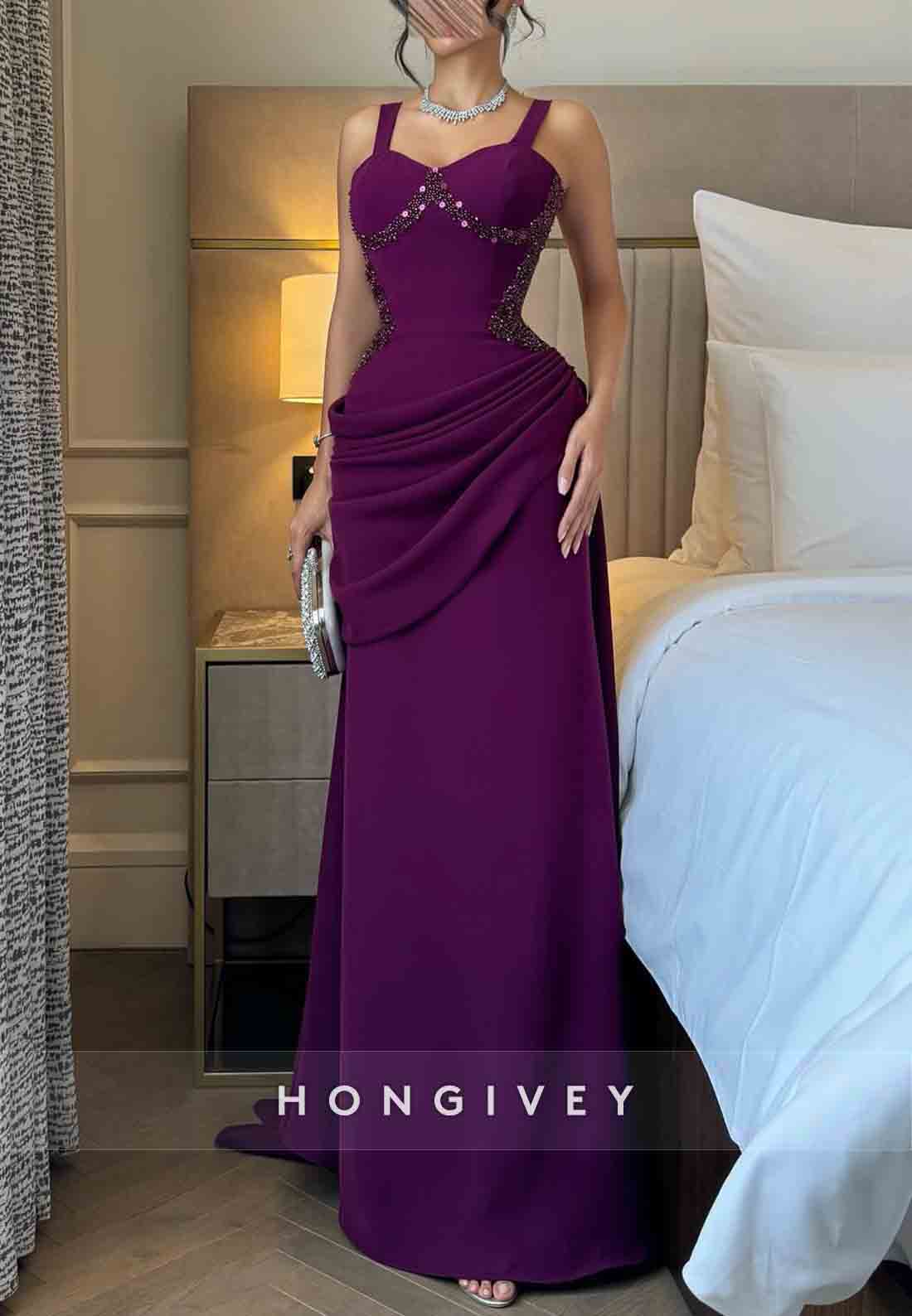 Orchid Regular Straps Sweetheart Trumpet Evening Gowns with Beading