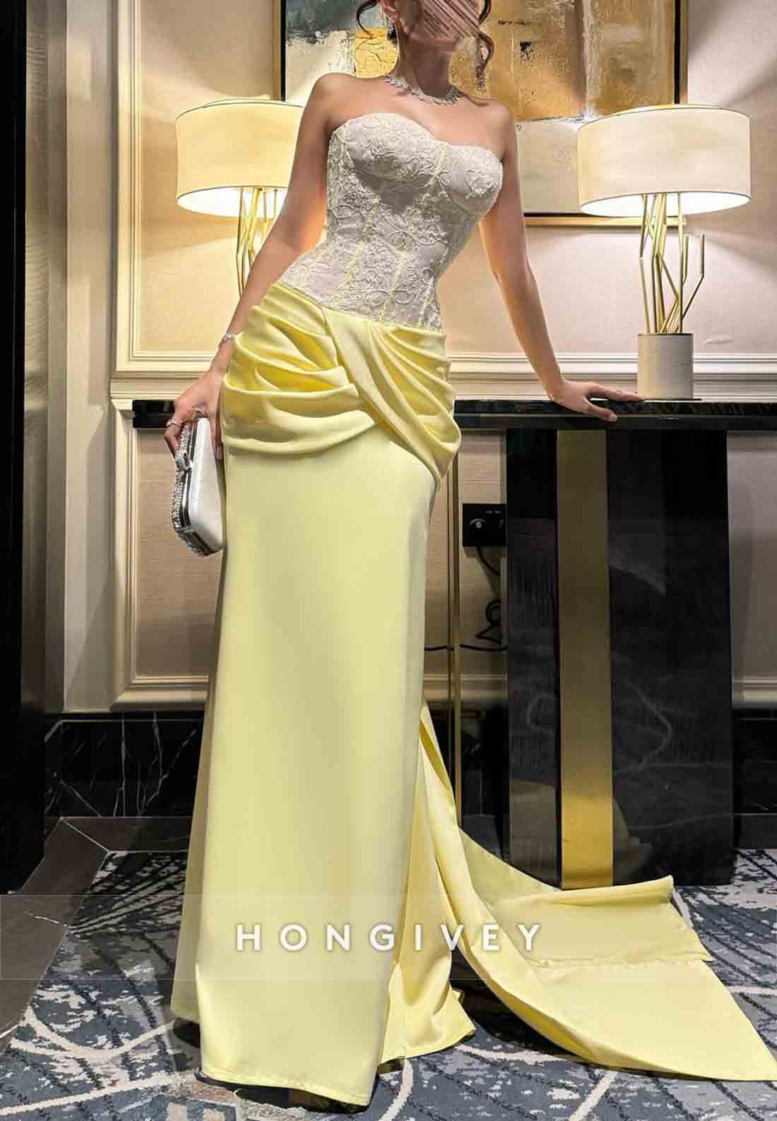 Satin Sweetheart Lace Yellow Pleated Floor-Length Strapless Evening Gowns