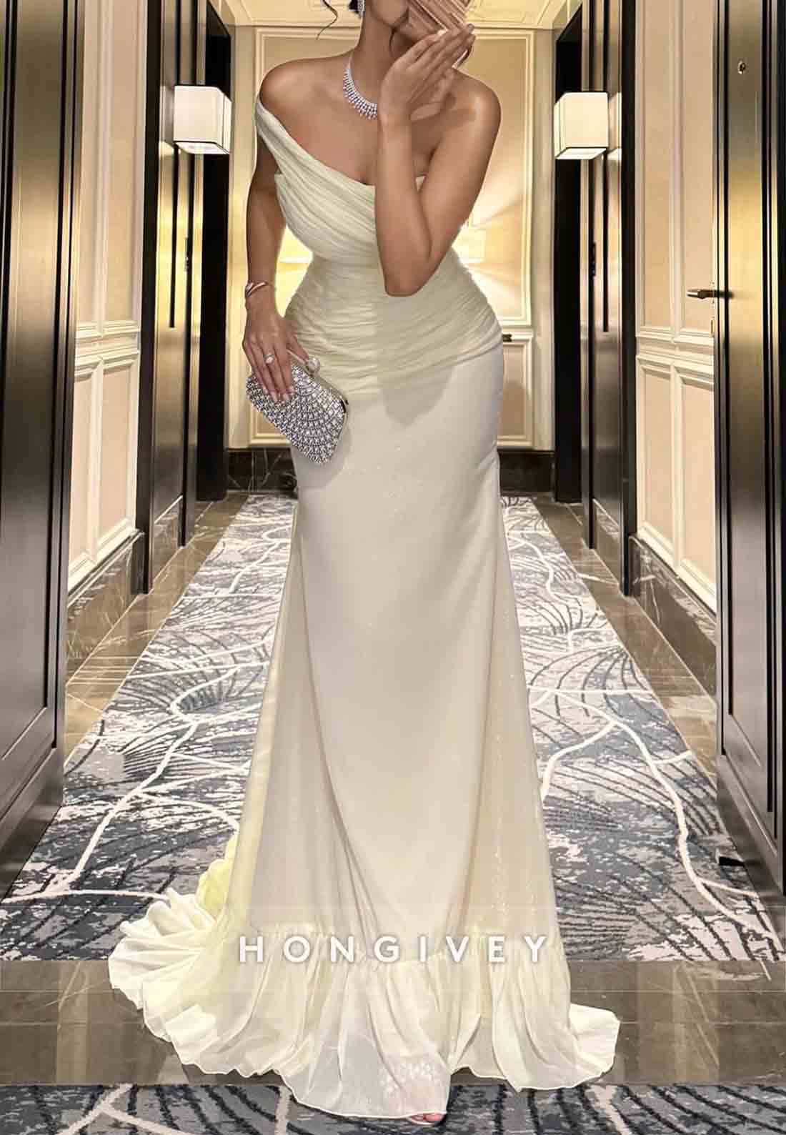 Trumpet Yellow Wedding Guest Off-Shoulder Ruched Floor-Length Evening Gown