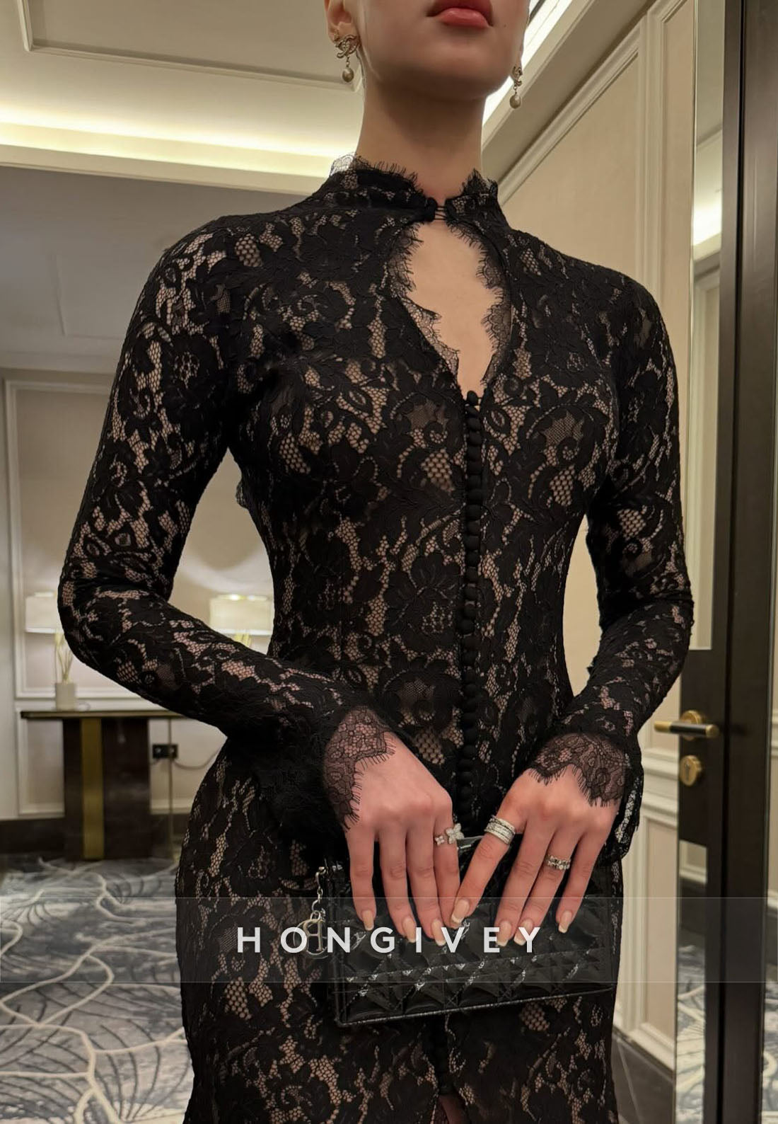 Black Lace Long Sleeves High Neck Side Slit Evening Gowns with Keyhole