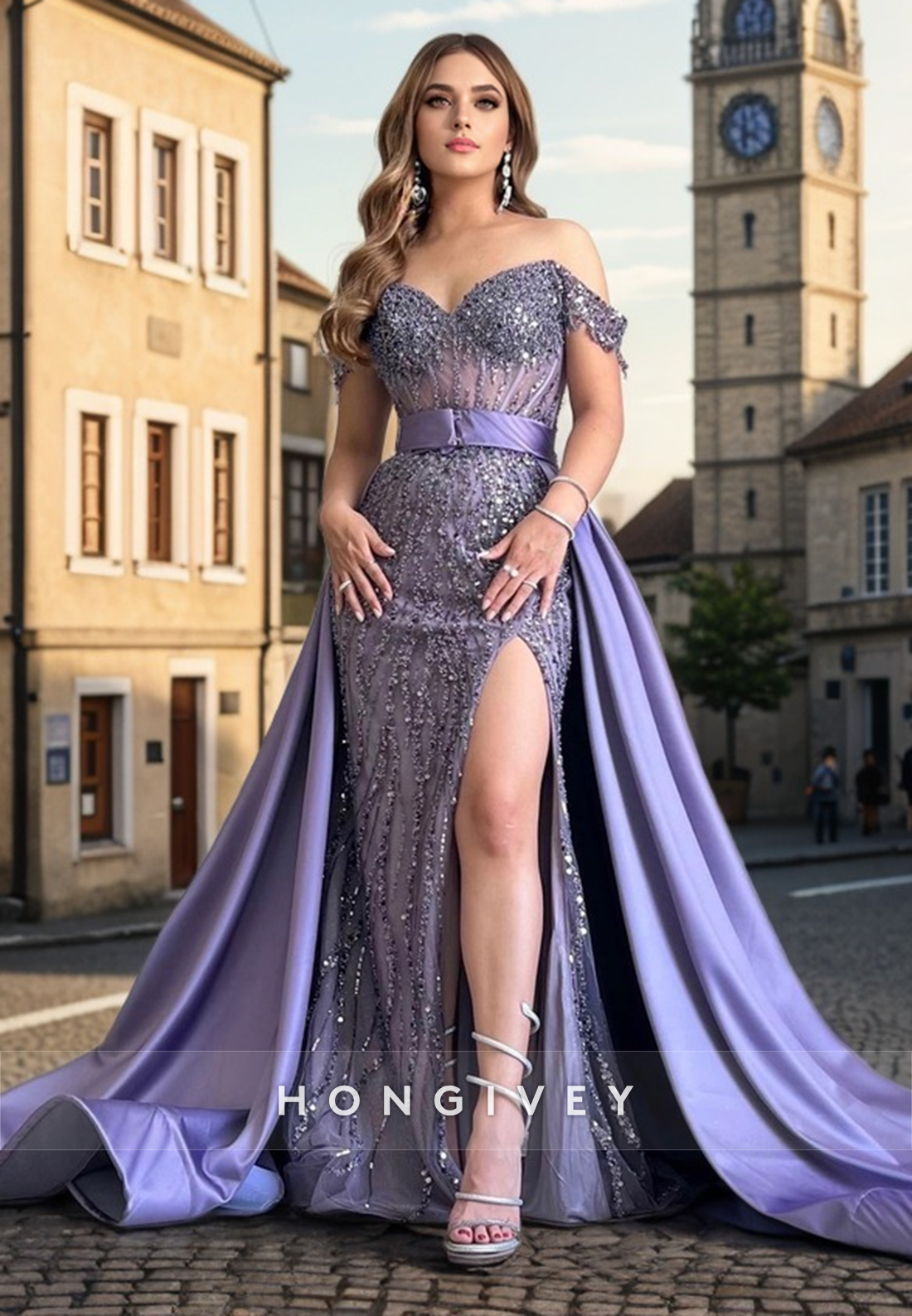 L1001 - Sparkly Crystal Beaded Illusion With Train And Slit Party Prom Formal Evening Dress
