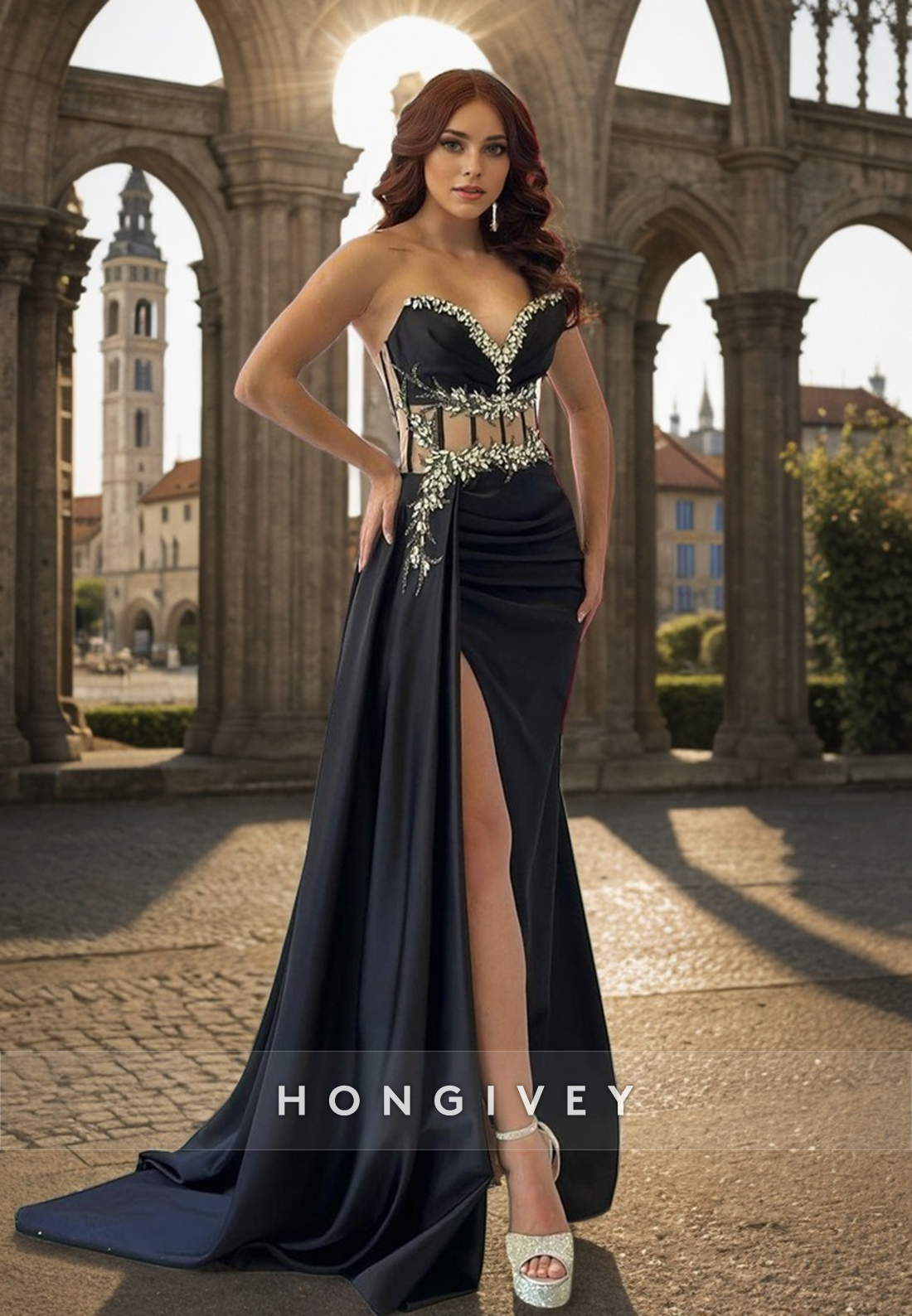 L1371 - Sexy Black Illusion Sweetheart Ruched With Side Slit Party Pro L1371 - Sexy Black Illusion Sweetheart Ruched With Side Slit Party Pro