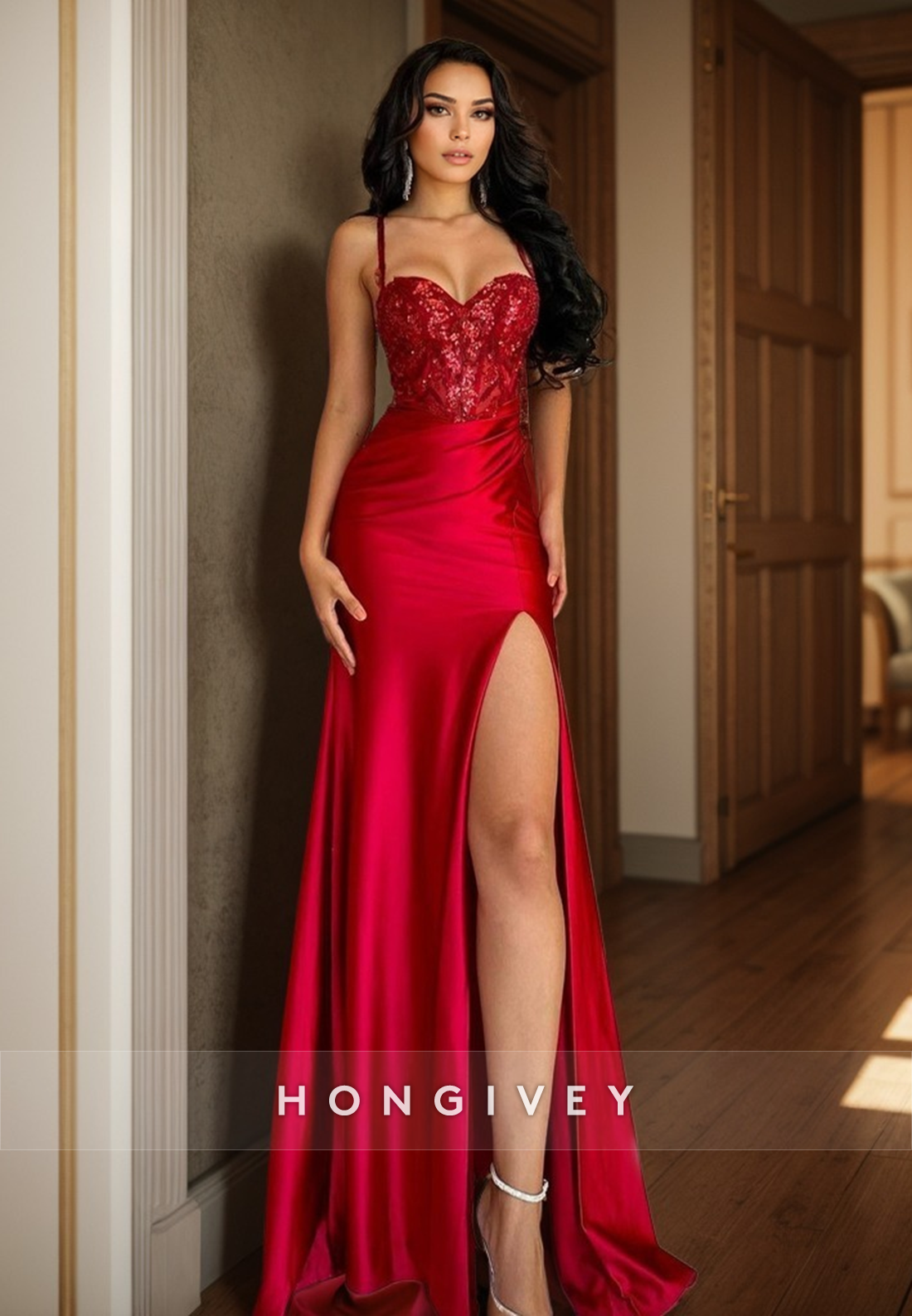 L1374 - Sexy Red Sweetheart Spaghetti Straps Sequins With Side Slit Party Prom Evening Dress