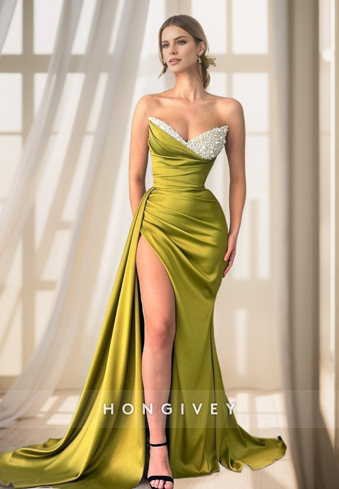 L0946 - Ormate Sheer Beaded Tube Top Paneled High Slit With Train Even L0946 - Ormate Sheer Beaded Tube Top Paneled High Slit With Train Even