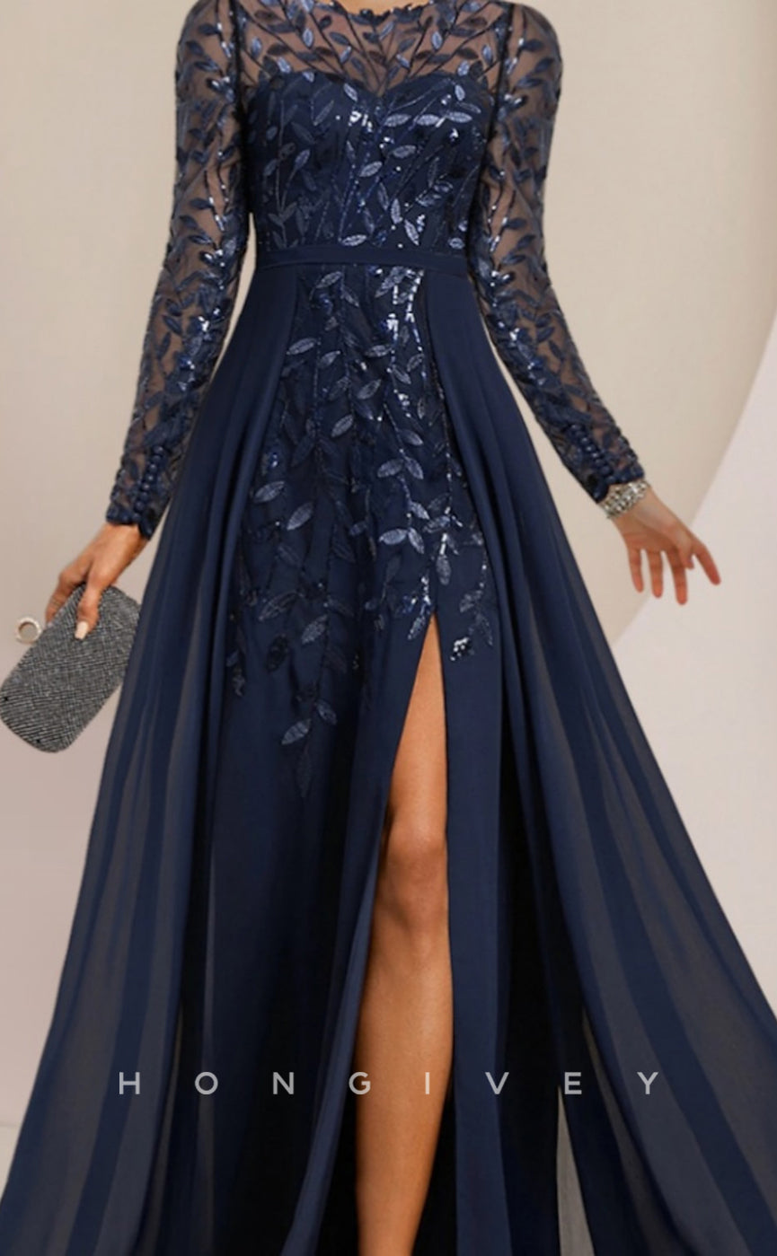 HM185 - A-Line Round Long Sleeve Lace Applique With Side Slit Mother of the Bride Dress