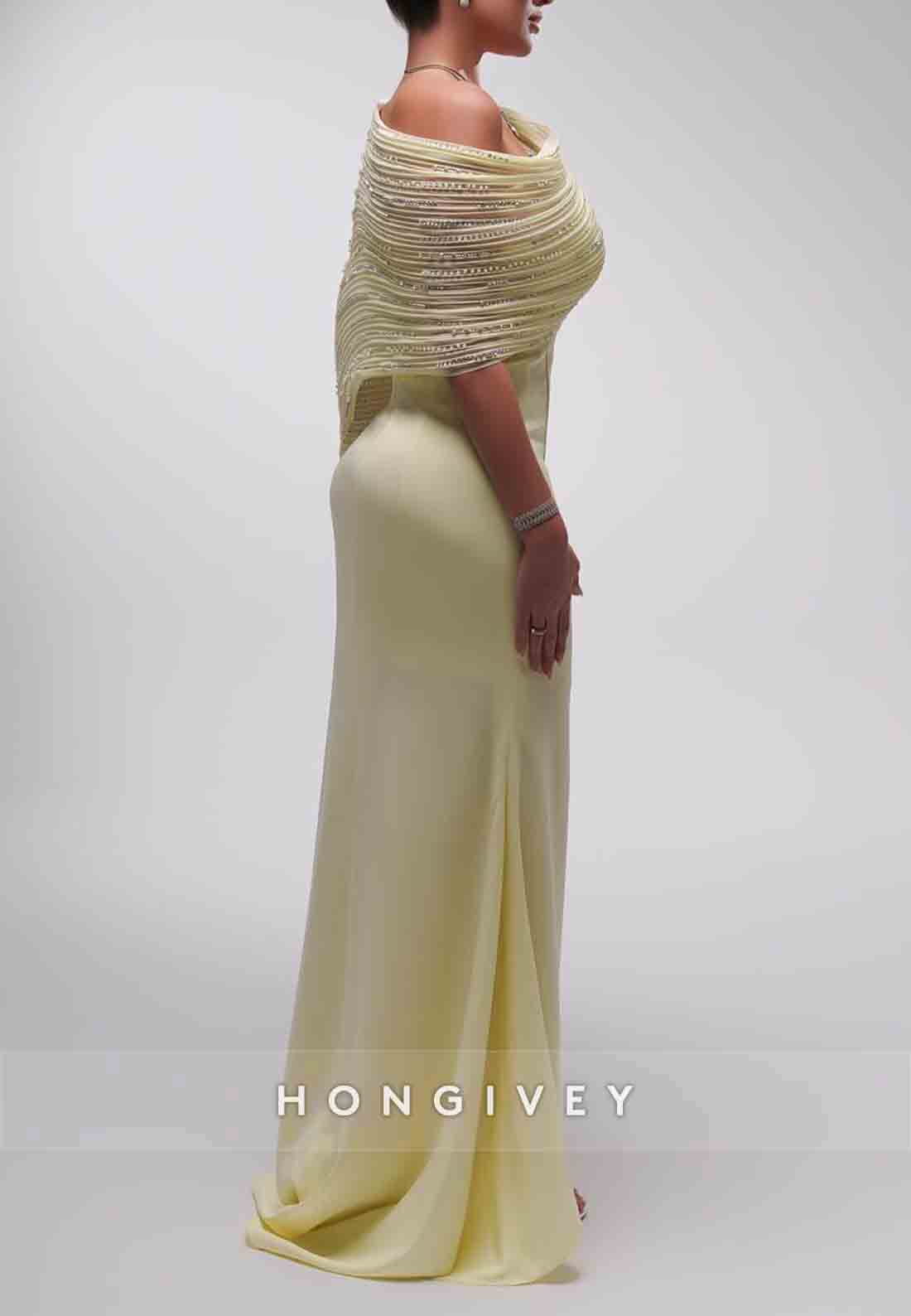 One Shoulder Sheath Ankle-Length Yellow Pleated Evening Gowns