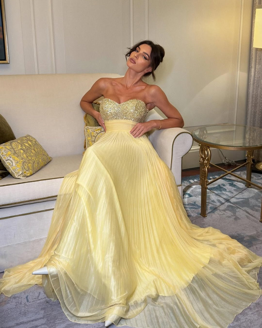Sweetheart Sparkl Beaded Tulle A-Line Backless Yellow Evening Dress