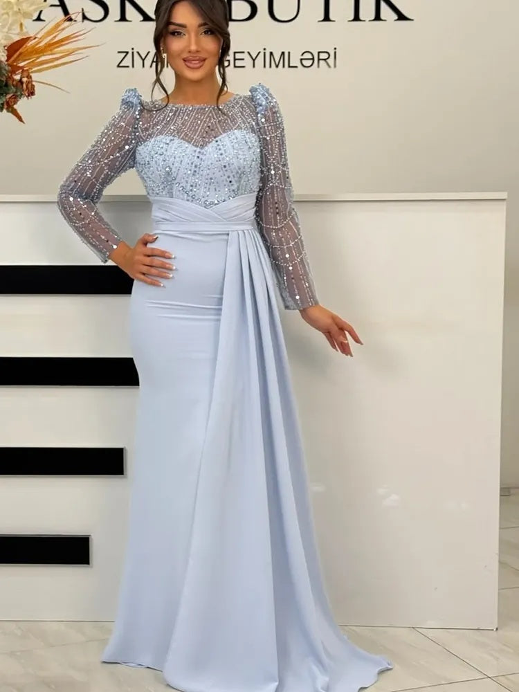 Lace Sequins Beaded Long Sleeveless Mermaid Evening Dress Formal Women
