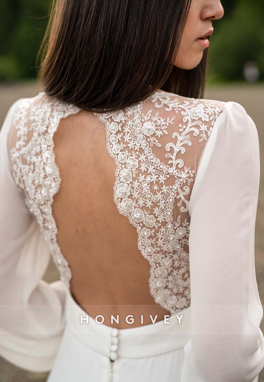 Lace Pleated Cut out Back Long Sleeve V Neck Floor-Length A-line Boho Wedding Dresses