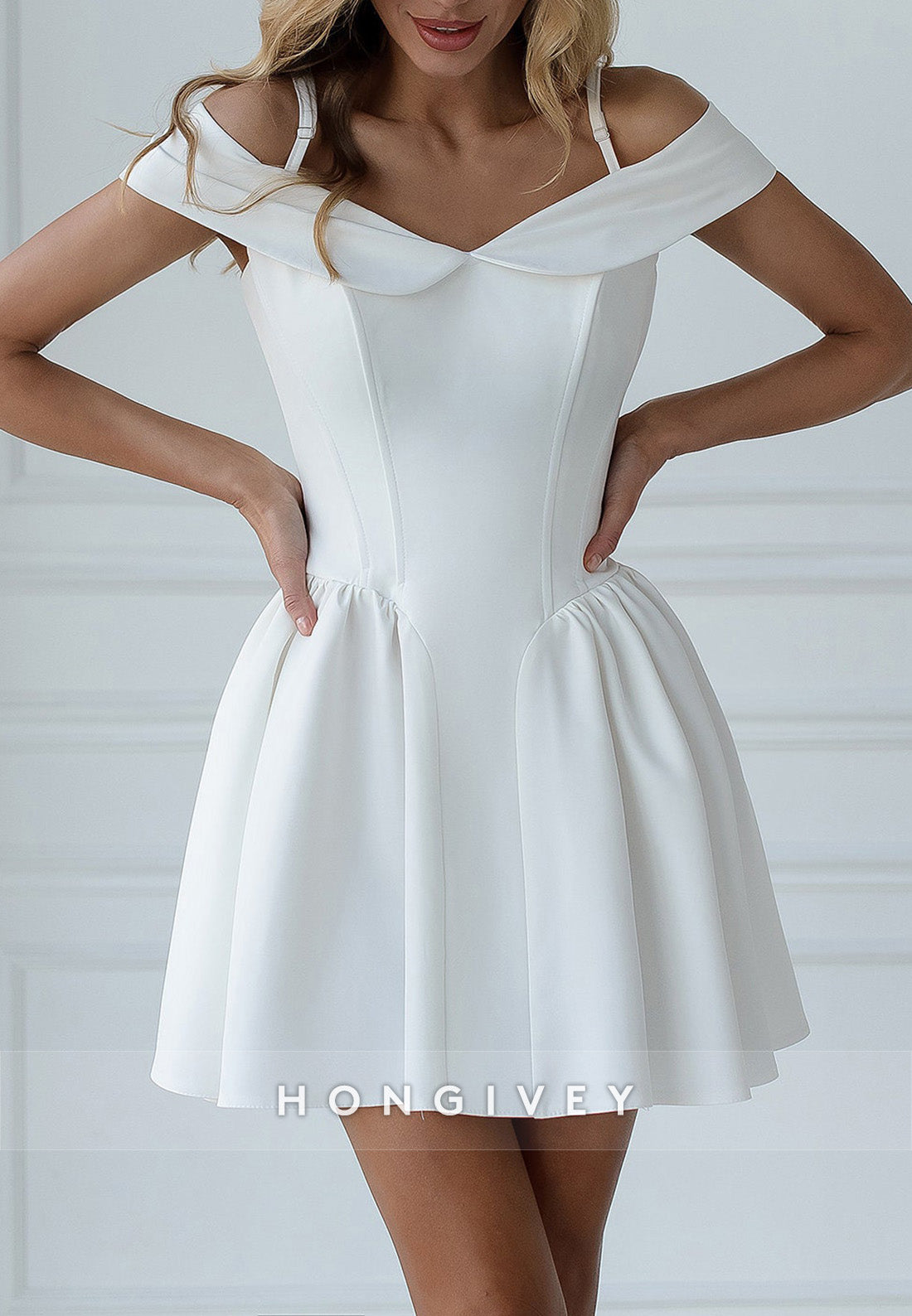 Pleated A-line Off the Shoulder Regular Straps Mini Civil Wedding Dresses