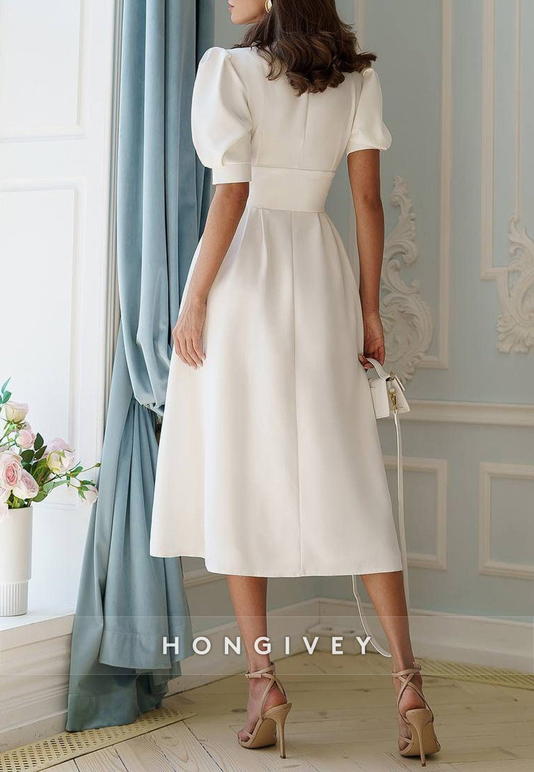 Simple Pleated A-line Tea-Length Half Sleeve V Neck Wedding Dresses