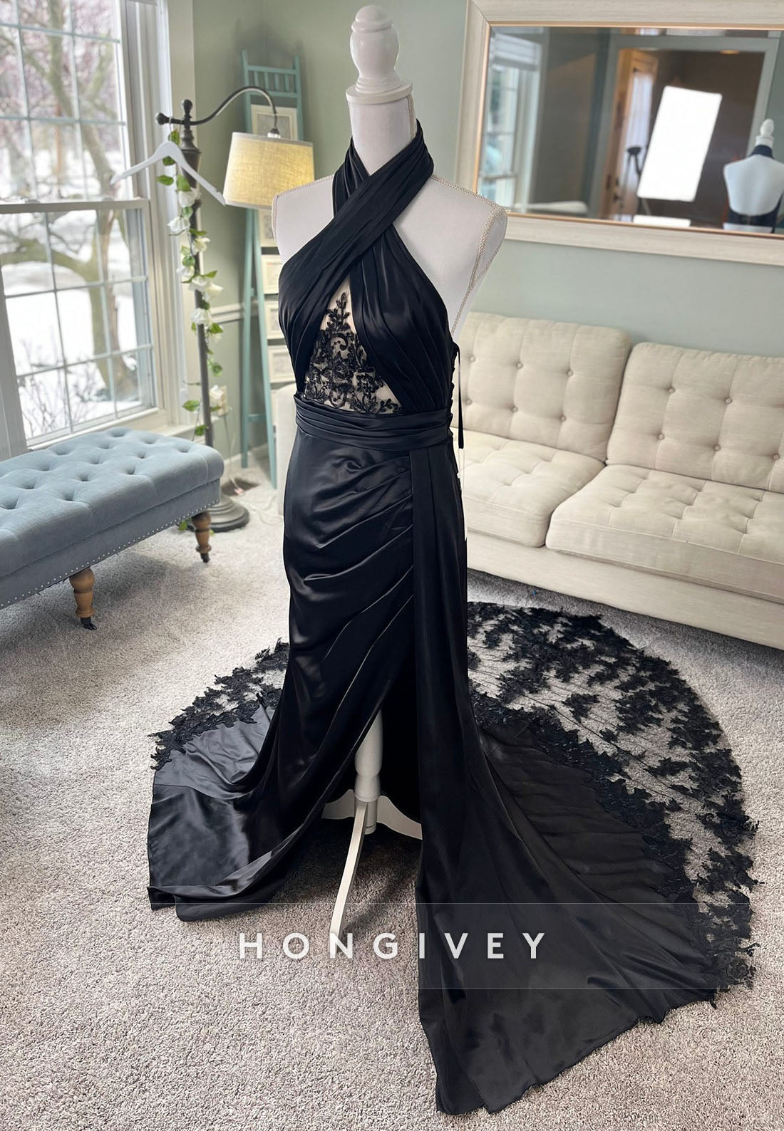 Halter Neck Lace Pleated Open Back Mermaid Black Wedding Dresses with High Slit