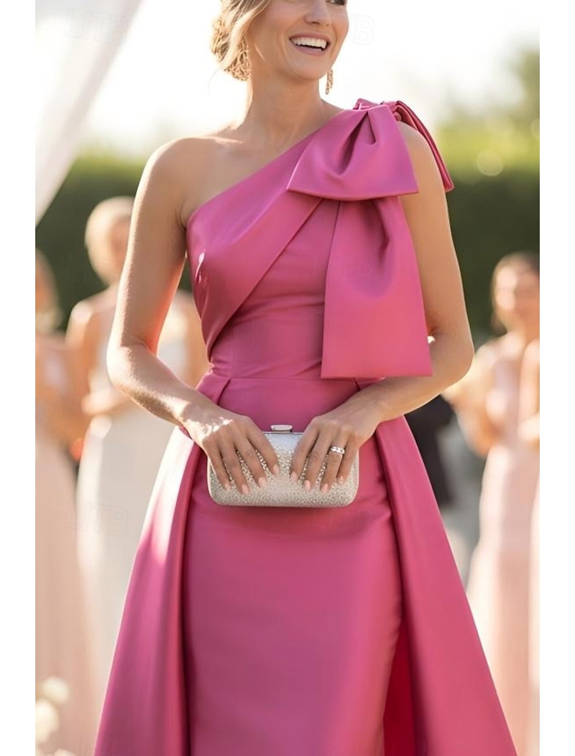 Fuchsia One Shoulder Sleeveless Mermaid Bow Evening Dress Formal