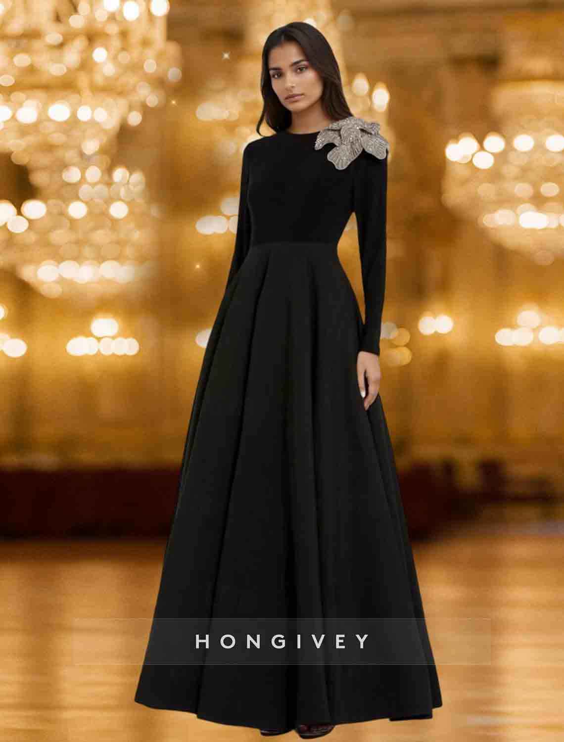 Black Beaded Flower A-Line Long Sleeve Evening Dress