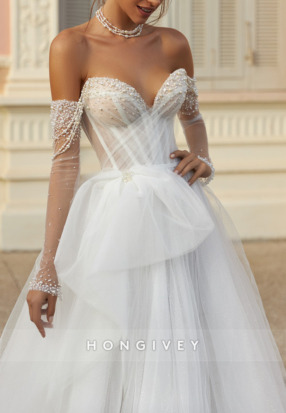 Tulle Off the Shoulder Ball Gown Chapel Train Strapless Low Back Wedding Dresses