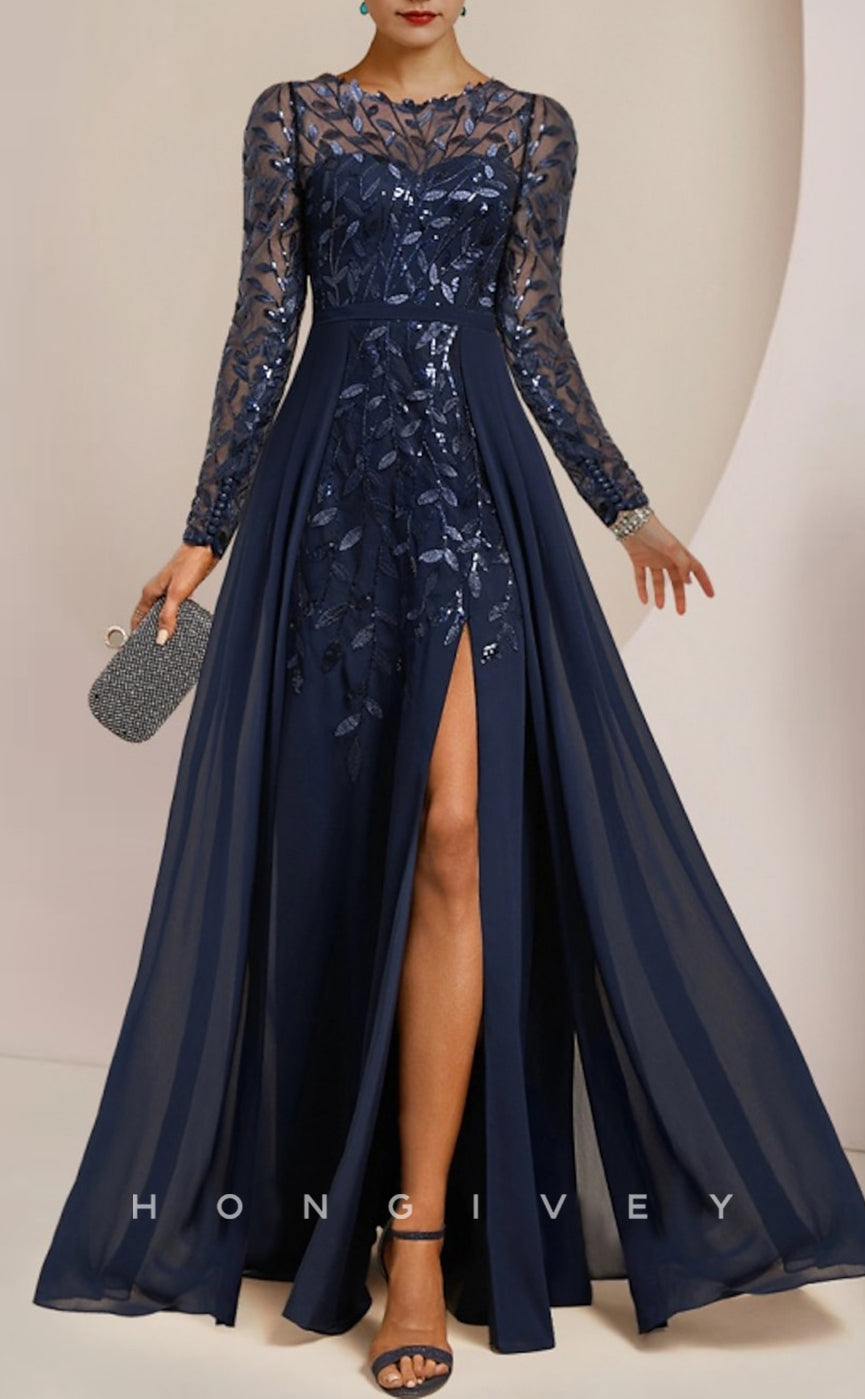 HM185 - A-Line Round Long Sleeve Lace Applique With Side Slit Mother o HM185 - A-Line Round Long Sleeve Lace Applique With Side Slit Mother o