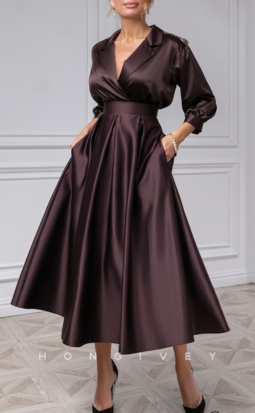 HM322 - Elegant Satin A-Line V-Neck 3/4 Sleeves Beaded Mother of the Bride Dress