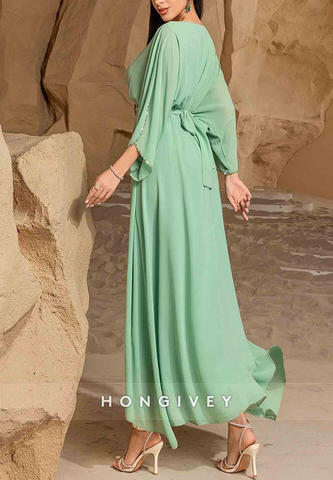 V Neck A-Line Tea-Length Flutter Sleeves Mother of the Bride Dress
