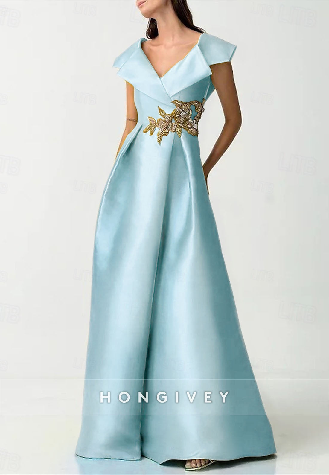 Pleated Appliqued Satin Cap Sleeves Evening Gown V Back Pockets Floor-Length A-line Mother of the Bride