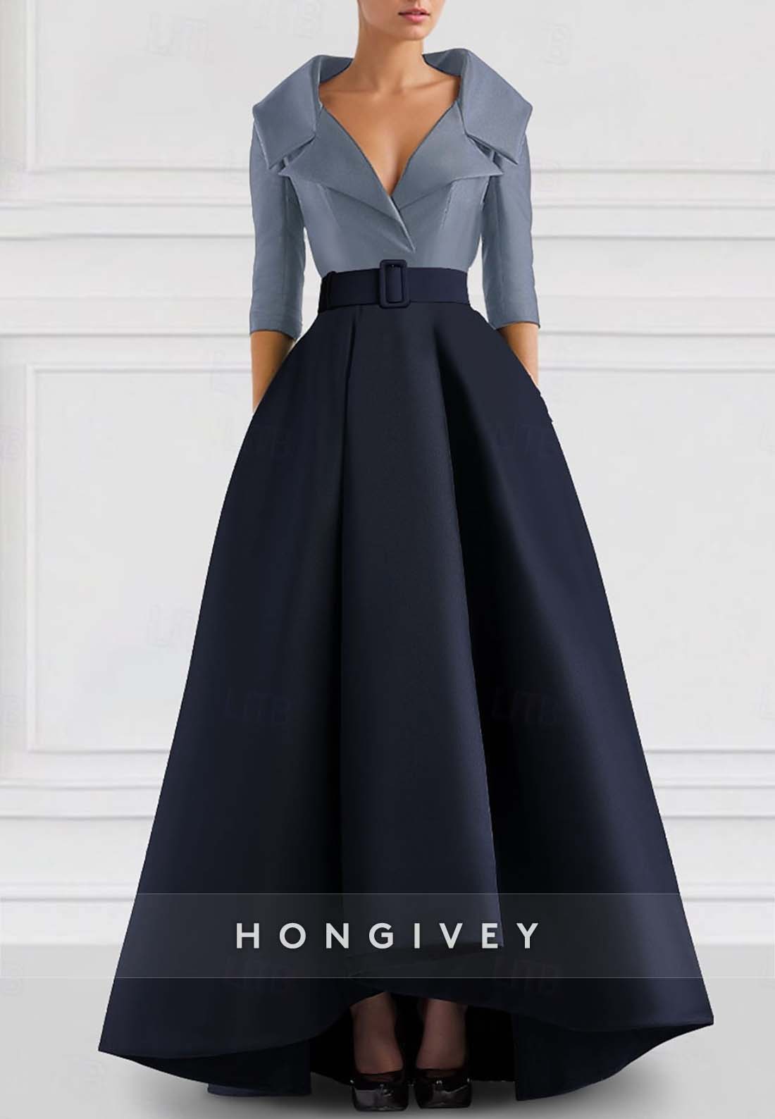 A-line Asymmetrical Evening Gown V Neck Half Sleeve Pockets Pleated Wa A-line Asymmetrical Evening Gown V Neck Half Sleeve Pockets Pleated Wa