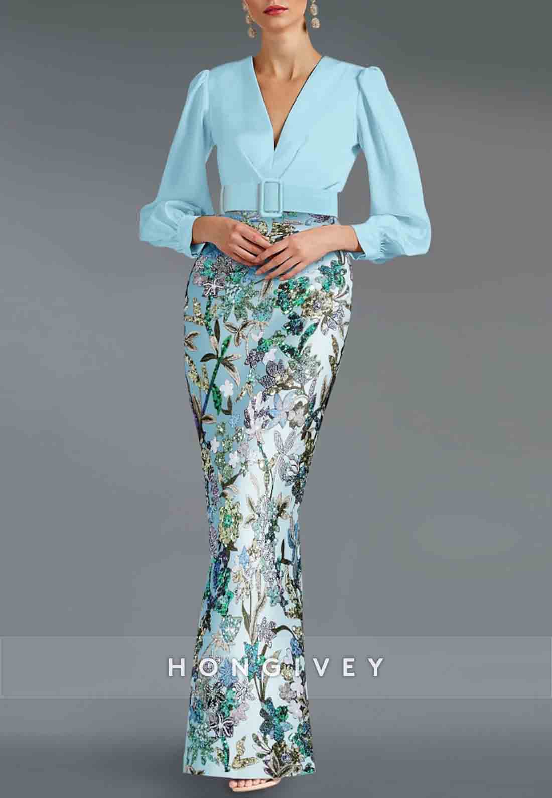 Long Sleeves V-Neck Column Floor-Length Stretch Crepe with Beading Lace Evening Gowns