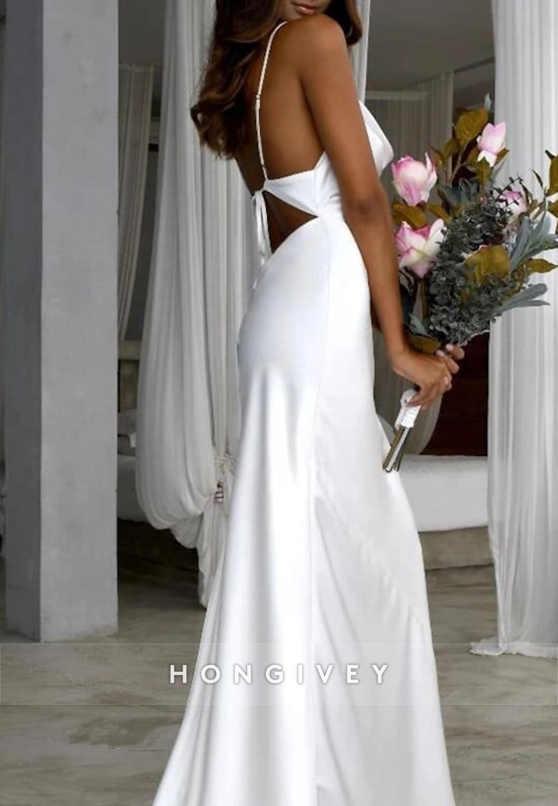 Spaghetti Straps Cowl Neck Floor-Length Column Pleated Wedding Dresses