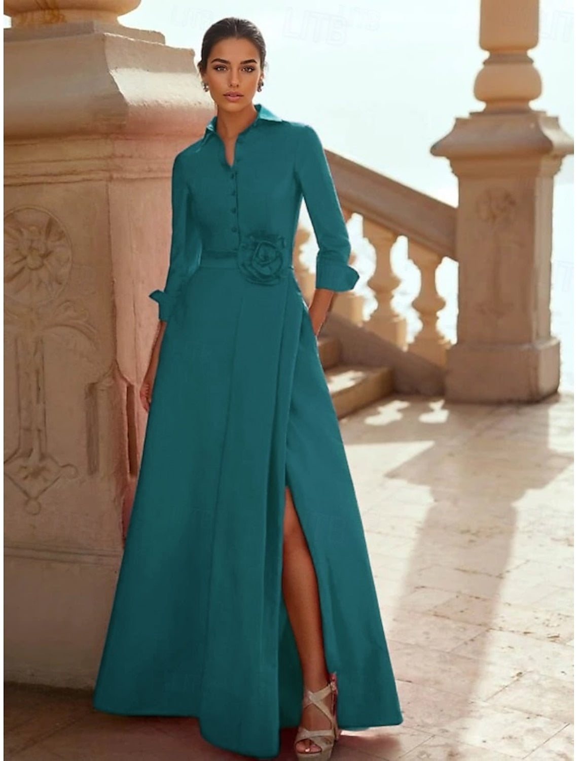 3/4 Sleeve Flowers A-Line Side Slit Flowers Evening Dress