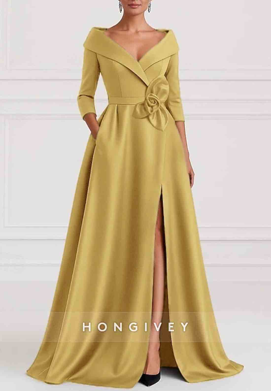 A-Line 3/4 Sleeve V-Neck Stretch Satin Evening Gown with Pocket and High Slit