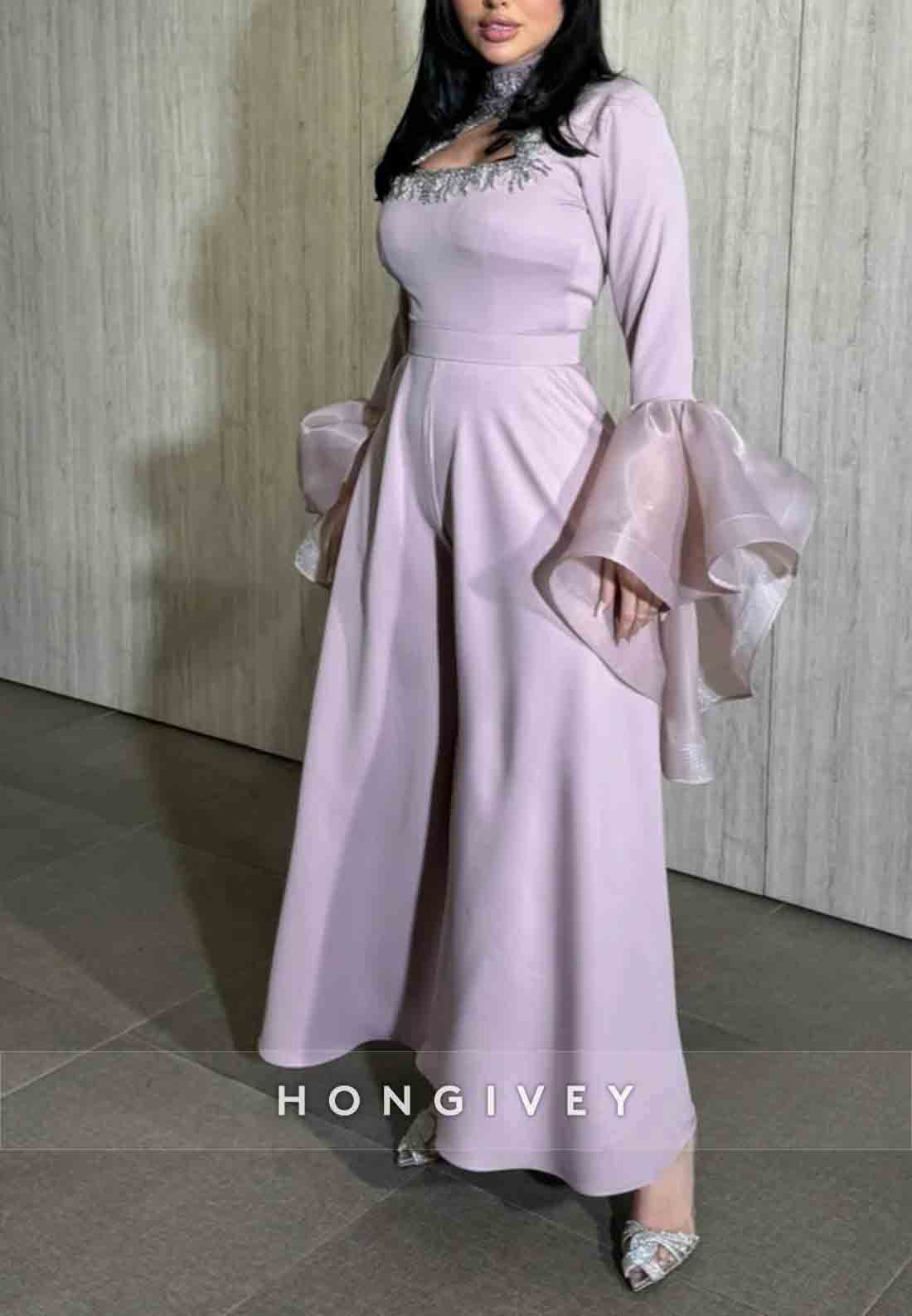 Jumpsuit Ankle-Length High Neck Flutter Sleeves Evening Gown