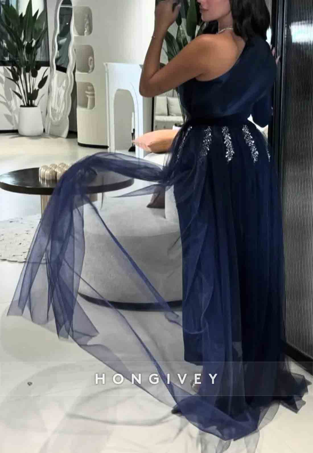 A-line Tulle Long Sleeve Formal Dresses One Shoulder Pleated Appliqued Evening Gown