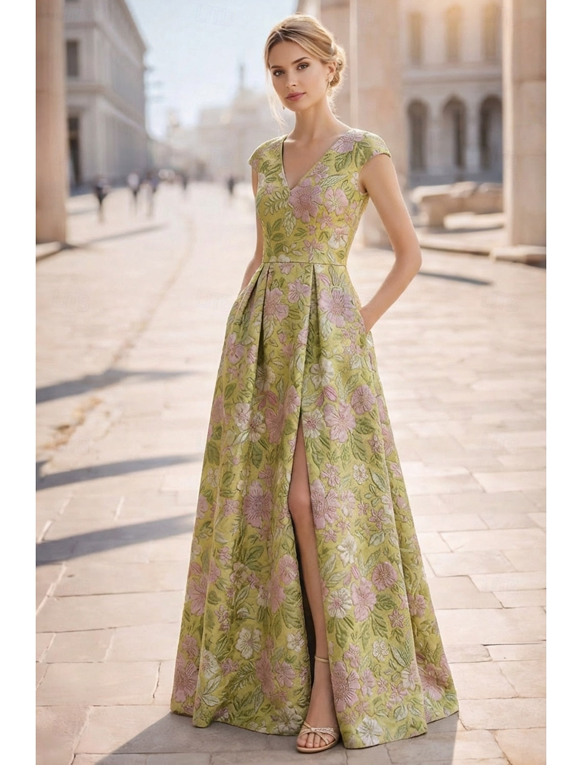 A-Line V-Neck Sleeveless Flowers Floral Print Side Slit Evening Dress