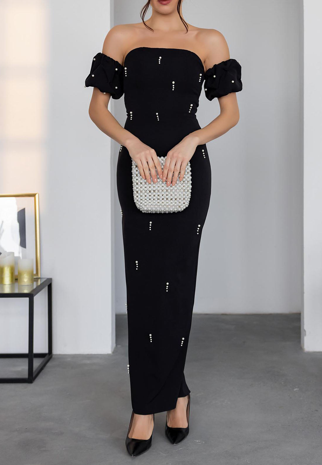 Off the Shoulder Evening Gown Pleated Ankle-Length Column Formal Dress Off the Shoulder Evening Gown Pleated Ankle-Length Column Formal Dress