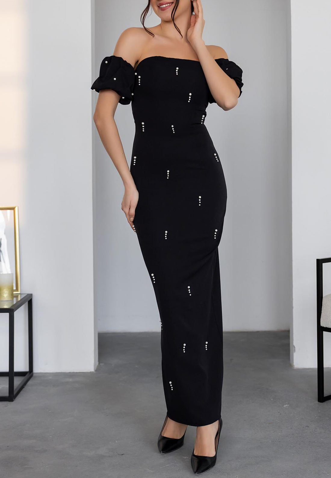 Off the Shoulder Evening Gown Pleated Ankle-Length Column Formal Dresses