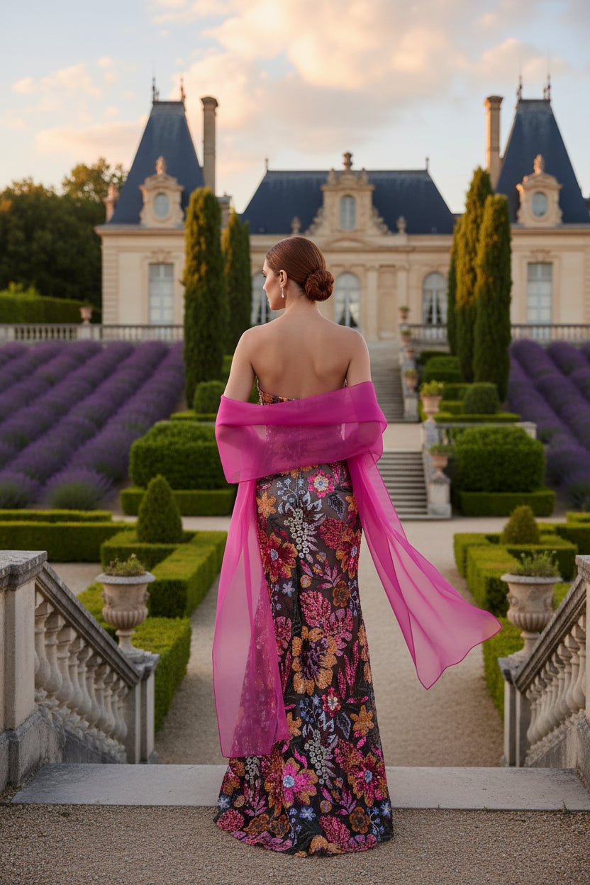 Fuchsia Shawl Strapless Sleeveless Flowers Mermaid Floral Print Evening Dress