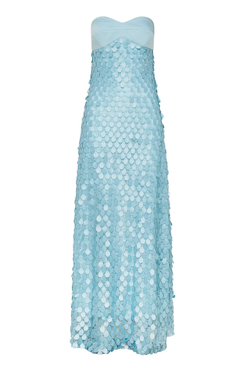 Sheath Strapless Long Blue Prom Dresses with Sequins