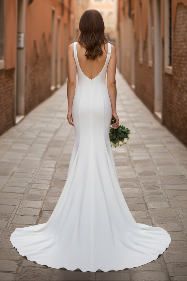Ivory Crepe Mermaid Wedding Dress with Scoop Neckline Wide Straps