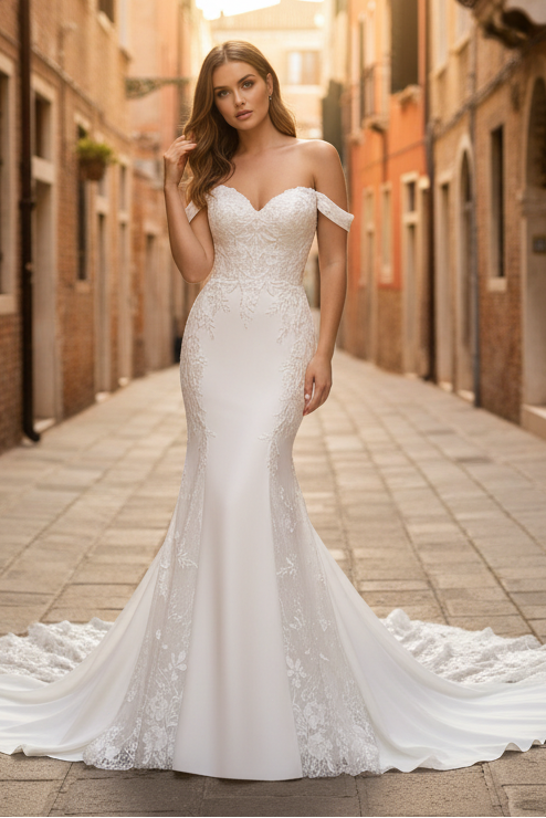 ivory sweetheart dress Lace Mermaid Wedding with Off-the-Shoulder Neckline White Go Live: 02-04-2024