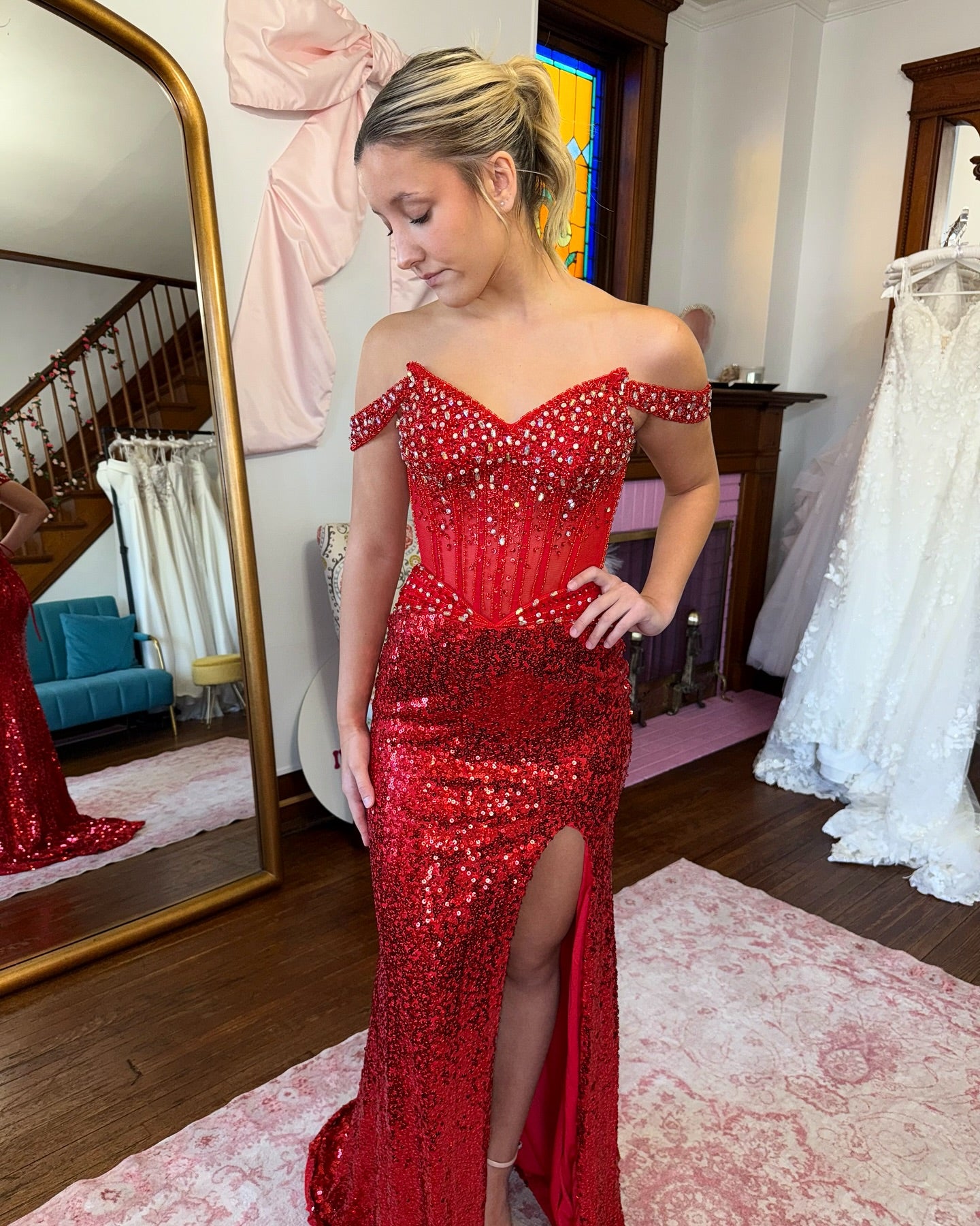 Beaded Red Off the Shoulder Sequins Mermaid Side Slit Prom Dress Lace-Up